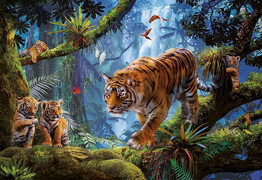 Tigers, painting, cub, tiger, art, pictura, cute, tigru, jungle HD wallpaper