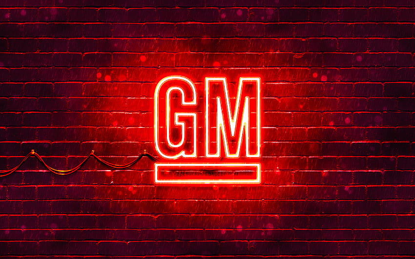 General Motors red logo, , red brickwall, General Motors logo, cars brands, General Motors neon logo, General Motors HD wallpaper