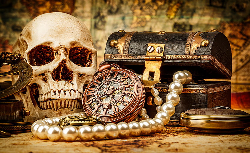 Skulls Treasure chest coffer Clock Jewelry HD wallpaper