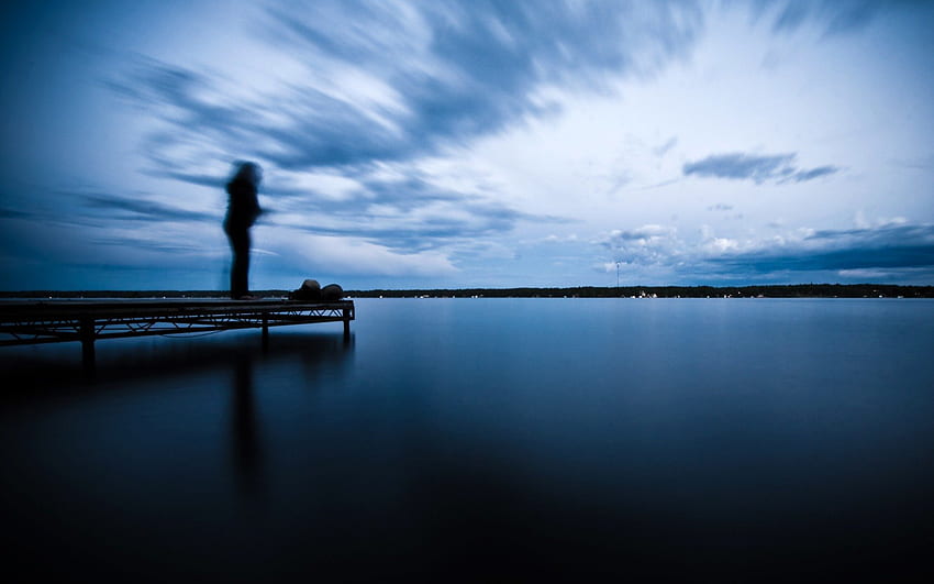 Angeln in der Abenddämmerung, Blau, blauer Himmel, Fischer, Sportfischen, Dock, See HD-Hintergrundbild
