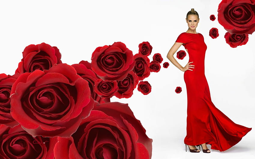 Heidi Klum, oleh cehenot, model, gadis, gaun, wanita, mawar, bunga, natal, merah Wallpaper HD
