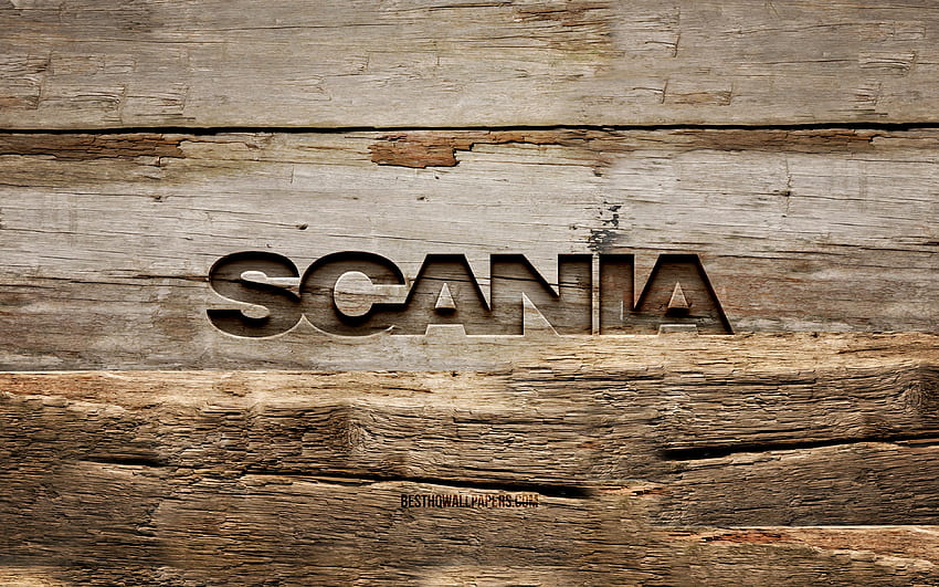 Drewniane logo Scania, drewniane tła, marki samochodów, logo Scania, kreatywne, rzeźbienie w drewnie, Scania Tapeta HD