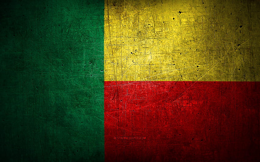 Benin metal flag, grunge art, African countries, national symbols, Benin flag, metal flags, Flag of Benin, Africa, Benin HD wallpaper