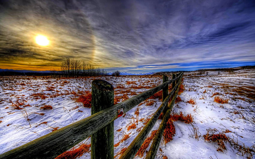 WINTER FIELD, winter, field, sunset, fence HD wallpaper