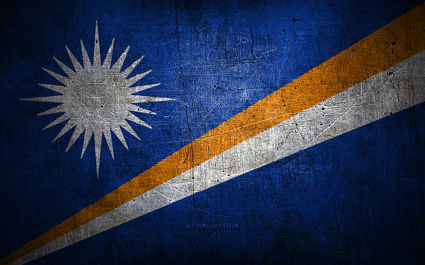 Marshall Islands metal flag, grunge art, oceanian countries, Day of Marshall Islands, national symbols, Marshall Islands flag, metal flags, Flag of Marshall Islands, Oceania, Marshall Islands HD wallpaper