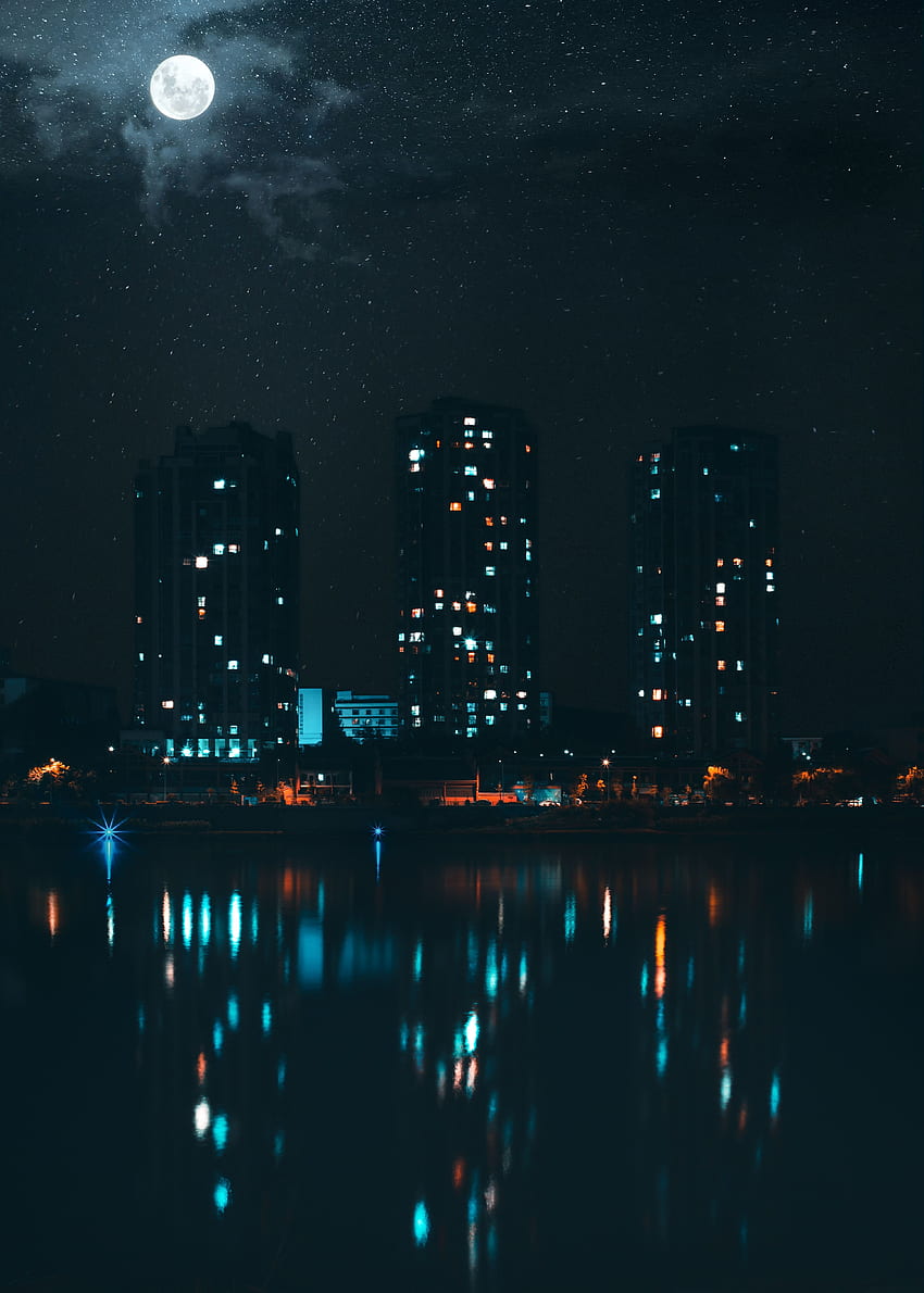 Cities, Moon, Building, Lights, Night City, Skyscrapers, Urban Landscape, Cityscape HD phone wallpaper