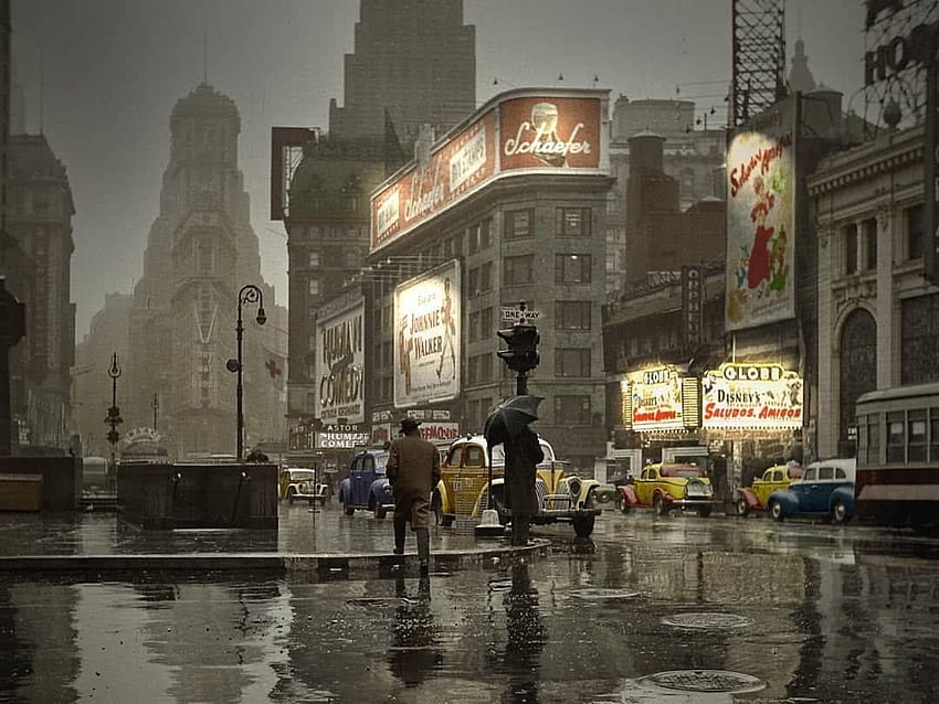 Spacer w deszczu w Nowym Jorku, 1943 r. Deszczowe miasto, Times Square, deszczowe dni Tapeta HD