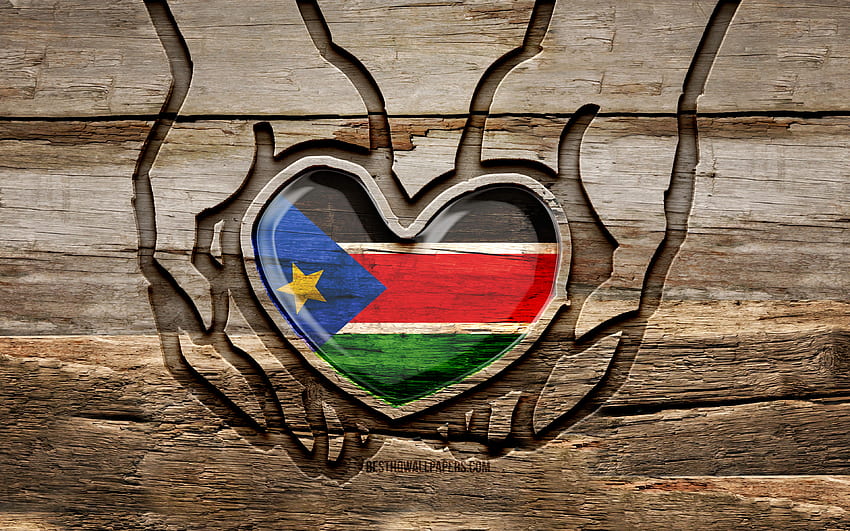 Kocham Sudan Południowy, drewniane rzeźbione ręce, Dzień Sudanu Południowego, Flaga Sudanu Południowego, Flaga Sudanu Południowego, Zadbaj o Sudan Południowy, kreatywny, Flaga Sudanu Południowego w ręku, rzeźbienie w drewnie, kraje afrykańskie, Sudan Południowy Tapeta HD