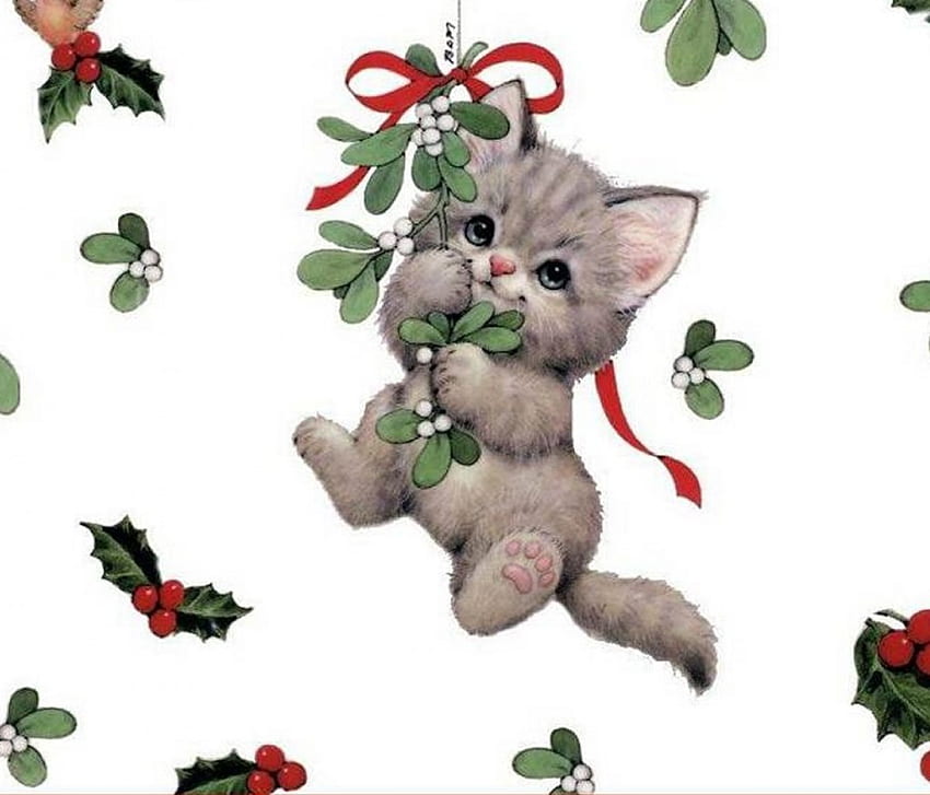 Christmas cat, kitten, cute, cat, christmas HD wallpaper