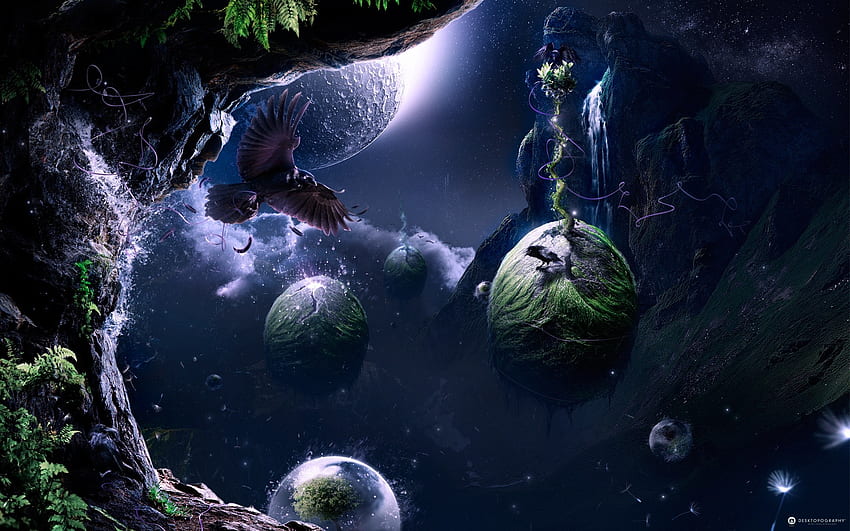 waterfall, birds, fantasy art, planet, space, glowing, Earth, space art, eagle, ography, screenshot, computer , extreme sport. Mocah HD wallpaper