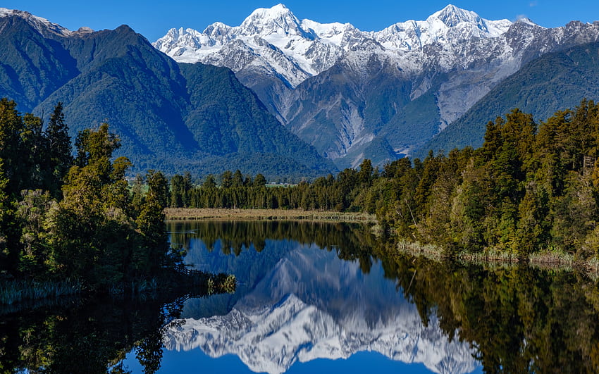 Danau Matheson, danau gunung, Pegunungan Alpen Selatan, pemandangan gunung, hutan, pegunungan, Selandia Baru Wallpaper HD