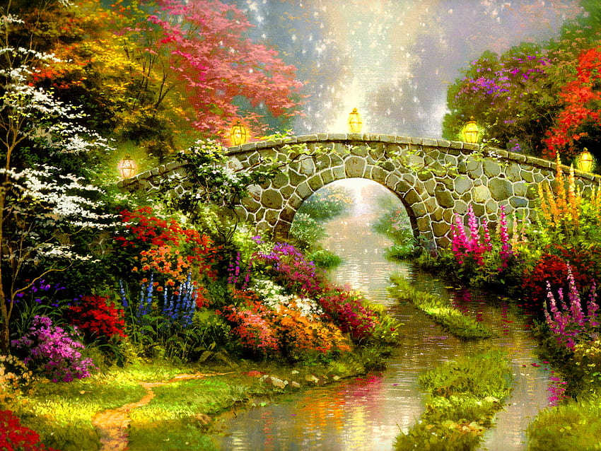 Summer bridge, river, creek, colors, summer, painting, lights, bridge, nature, flowers HD wallpaper