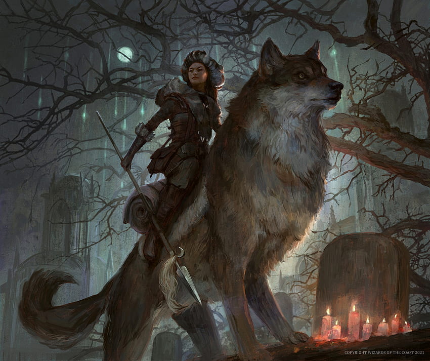 Wolf rider, girl, lup, wolf, rider, dark, night, art, bram sels, fantasy, giant HD wallpaper