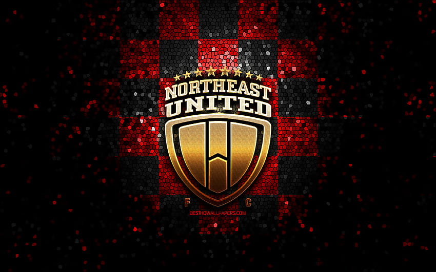 NorthEast United FC, glitter logo, ISL, red black checkered background, soccer, indian football club, NorthEast United logo, mosaic art, football, NorthEast United, India HD wallpaper