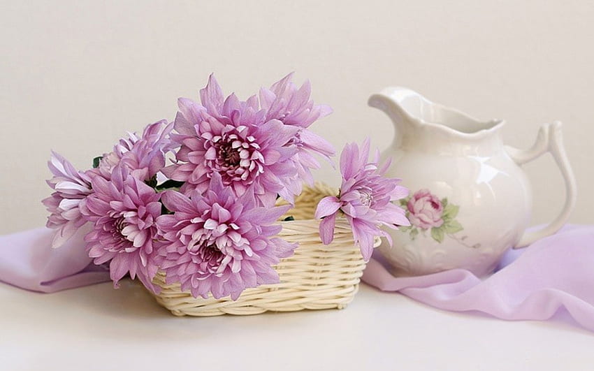 Still life, bouquet, graphy, colors, kettle, beauty, nice, basket, delicate, flower, chrysanthemums, , white, elegantly, soft, beautiful, gently, pink, pretty, cool, flowers, chrysanthemum, scarf, lovely, harmony HD wallpaper