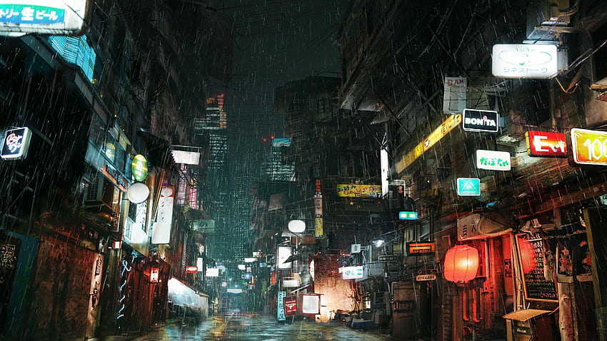 киберпънк дъжд светлини градска улица, Японска дъждовна улица HD тапет
