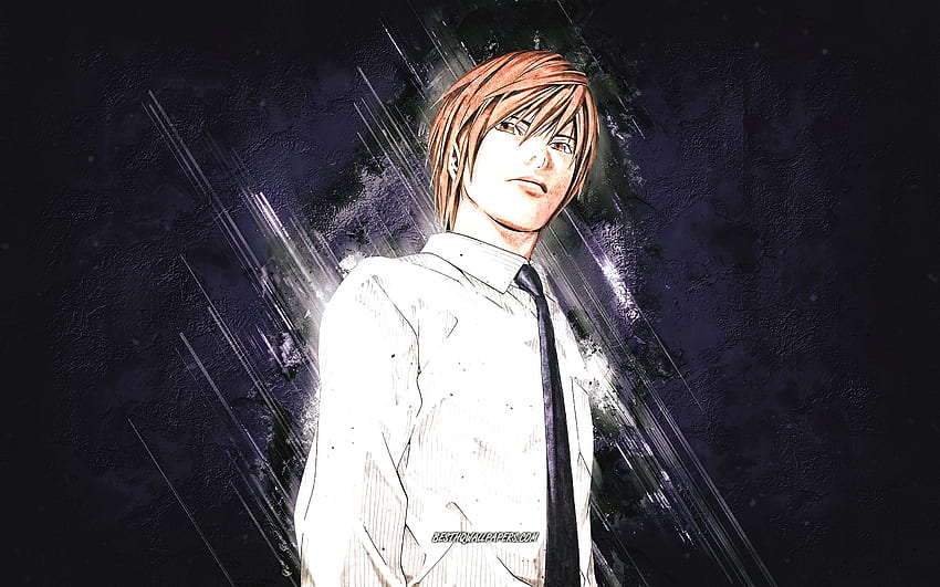 Light Yagami, Death Note, Japanese manga, grunge art, Death Note characters, Death Note protagonist, Light Yagami character, blue stone background HD wallpaper
