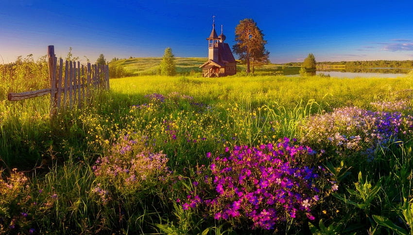 Rural nature, meadow, peaceful, beautiful, grass, church, summer, rural, fence, flowers, sky, , village, Russia HD wallpaper