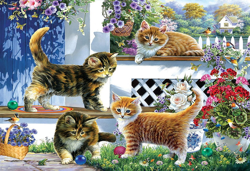 Sunny Veranda, garden, flowers, painting, kittens HD wallpaper