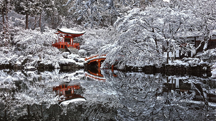 Temple Reflection, winter, reflection, snow, japan, temple, trees, water, pond HD wallpaper