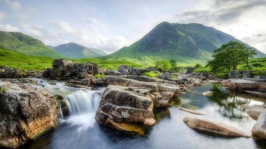 river in the scottish highlands, falls, river, bridge, grass, mountains, rocks HD wallpaper