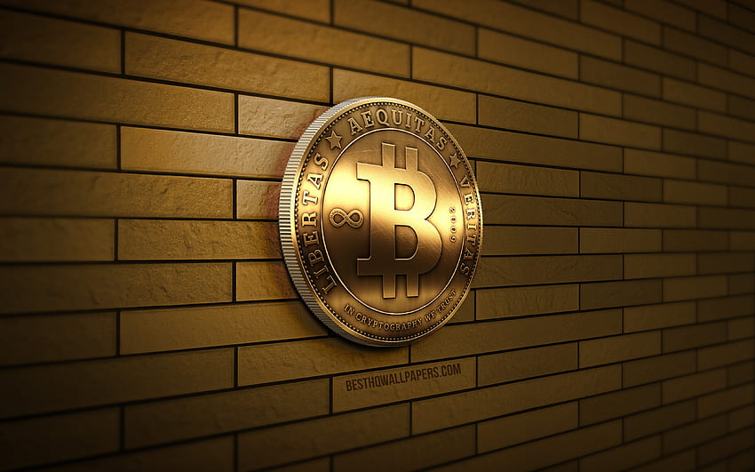 Logo dorato Bitcoin, muro di mattoni giallo, creativo, criptovaluta, logo Bitcoin 3D, logo Bitcoin, arte 3D, Bitcoin Sfondo HD