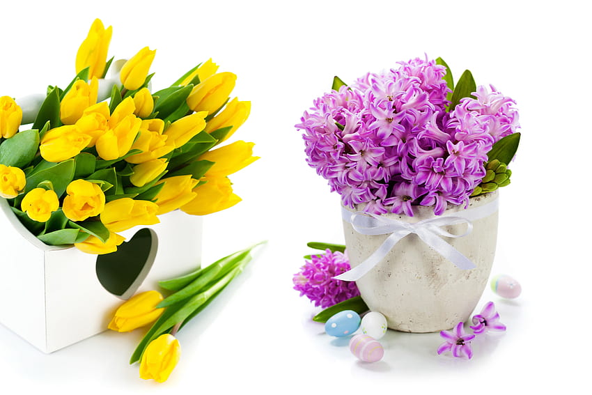 Flowers: Tulips Eggs Spring Bouquet Lilac Flowers Yellow Easter HD wallpaper