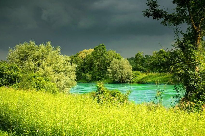 Bavaria, Germany, river, nice, trees, greenery, water, cloudy, beautiful, grass, emerald, green, clouds, Bavaria, nature, sky, Germany, lovely, storm HD wallpaper