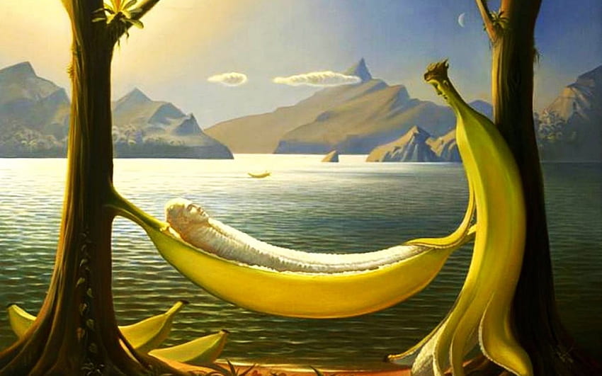 Banana Hammock, artwork, boat, trees, funny, lake, bananas HD wallpaper