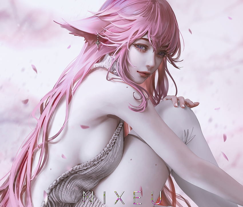 Yae Miko, frumusete, pink, white, art, fantasy, girl, fox, luminos HD wallpaper