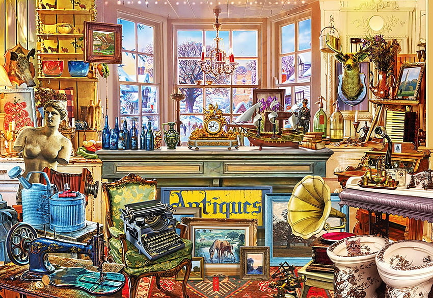 Antique Shoppe, sewing machine, painting, room, window, utensils, grammophone, typewriter HD wallpaper