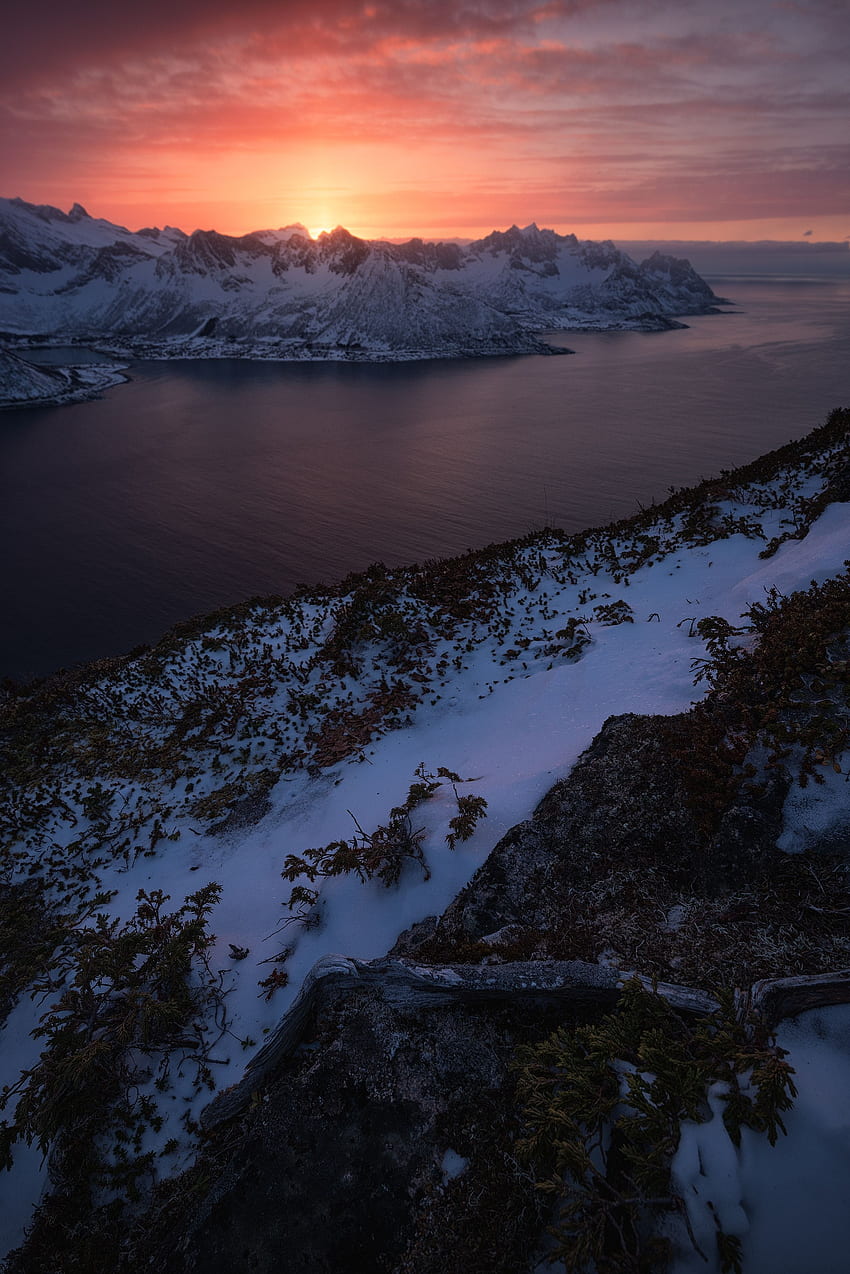 Winter, Nature, Sunset, Mountains, Snow, Lake HD phone wallpaper