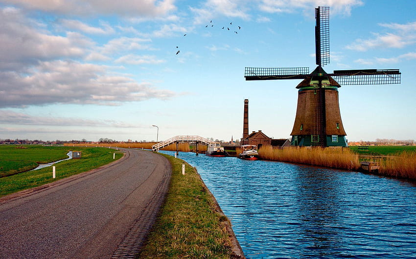 横向き, 都市, 川, 道路, オランダ, 工場 高画質の壁紙