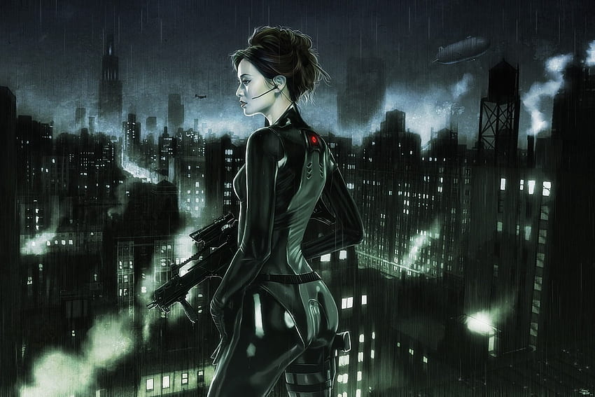 City Rooftops 2D Sci Fi Girl Woman Soldier City Cyborg Cyberpunk. Chaîne Fond d'écran HD