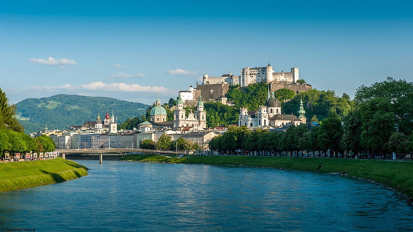 Salzburg, Austria, river, bridge, houses, mountains HD wallpaper