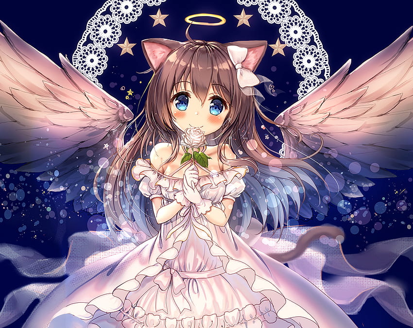 Garota de anime com asas de anjo e uma auréola na cabeça