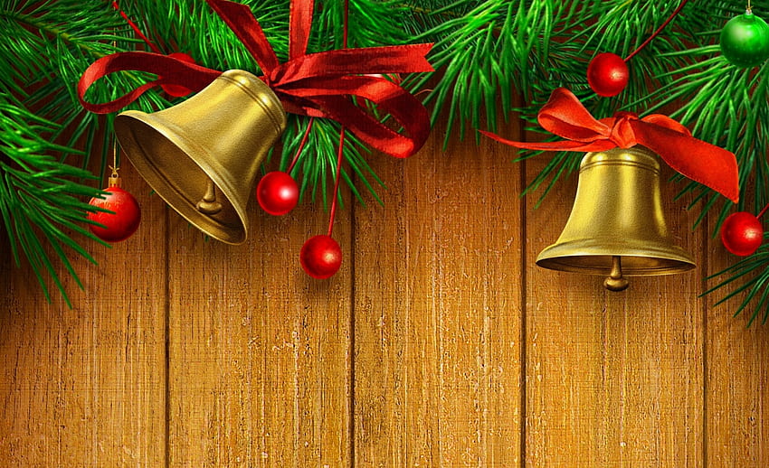 Merry Christmas!, bell, wood, craciun, christmas, green, red, card HD wallpaper