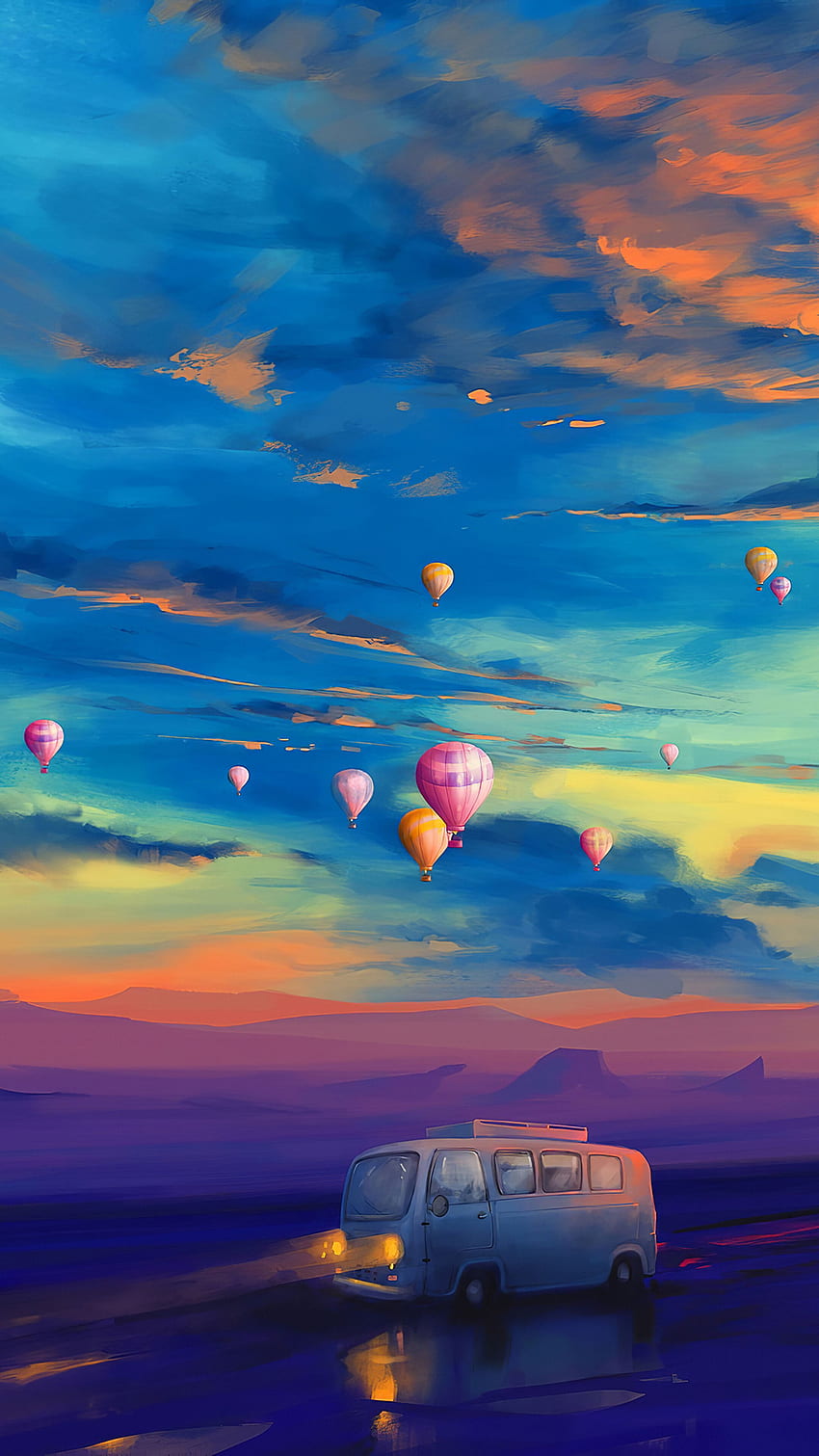 Colorful, Scenery, Van, Hot Air Balloon, Illustration, Digital Art, phone , , Background, and . Mocah, Balloons HD phone wallpaper
