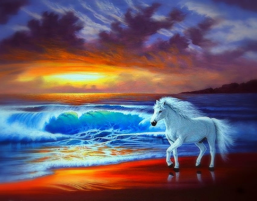 Cheval blanc, mer, œuvres d'art, peinture, nuages, couleurs, ciel, coucher de soleil, plage Fond d'écran HD