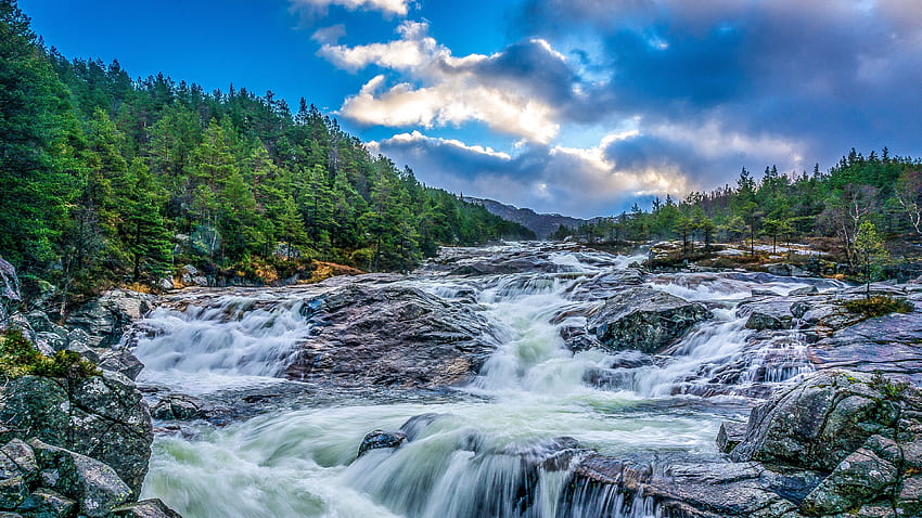 waterfall, stones, rocks, landscape, night, trees u 16:9 background HD wallpaper