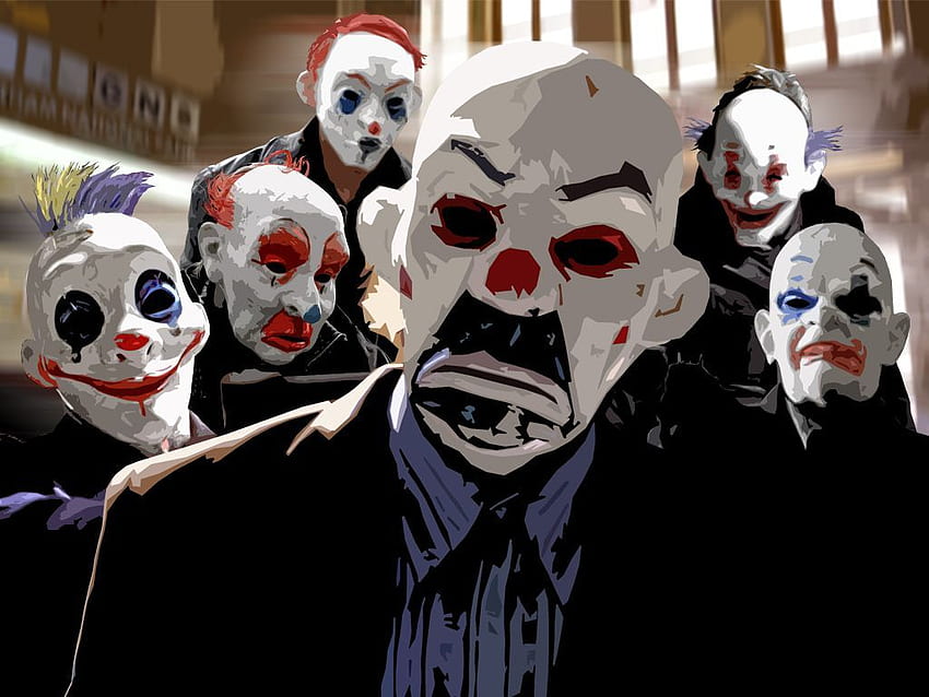 Die Bankräuber der Dunklen Ritter. Clownillustration, Jokermaske, Raub HD-Hintergrundbild