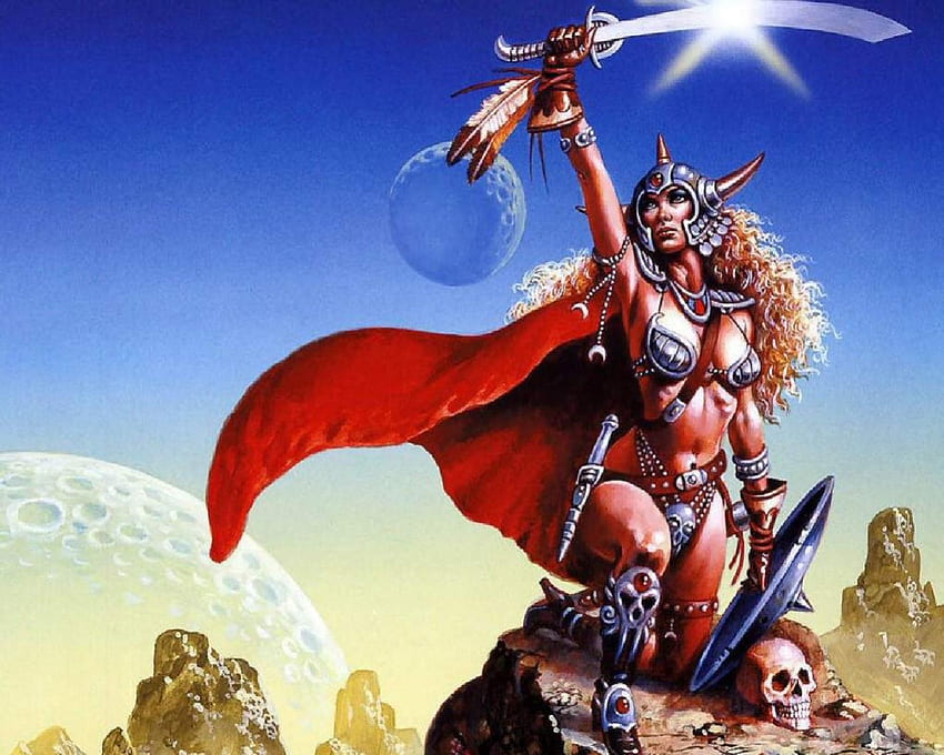 Kobieta wojownik, tarcza, miecz, zbroja, czaszka, kobieta, księżyce Tapeta HD