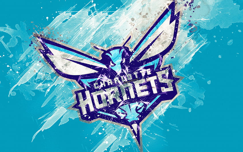 Charlotte Hornets, grunge sanat, logo, Amerikan basketbol kulübü, mavi grunge arka plan, boya sıçraması, NBA, amblem, Charlotte, Kuzey Karolina, ABD, basketbol, ​​Doğu Konferansı, Ulusal Basketbol Birliği için HD duvar kağıdı