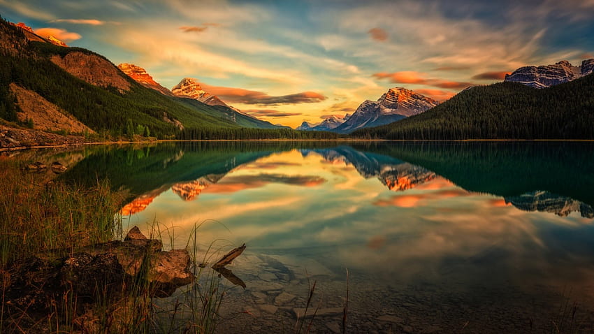 Golden Sunset At Waterfowl Lake, golden, mountains, lake, sunset HD wallpaper