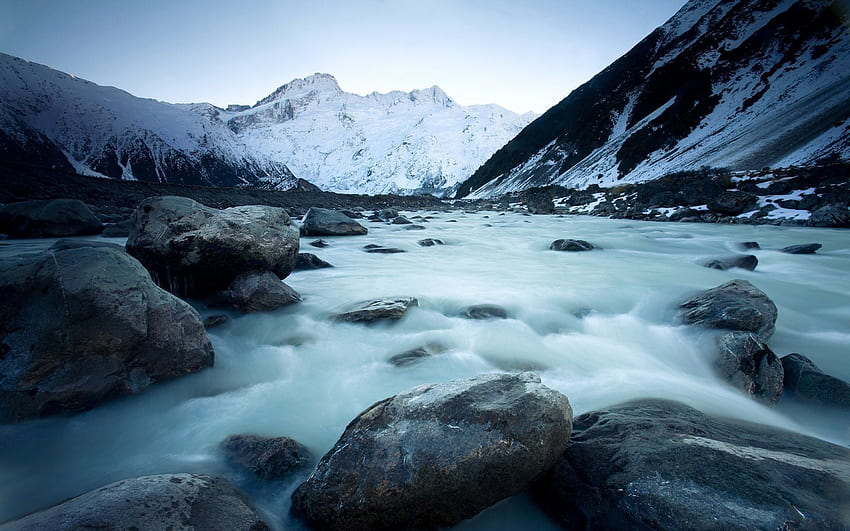 планини, зима, сняг, река, скали, топящ се ледник, Нова Зеландия, ледник природа HD тапет
