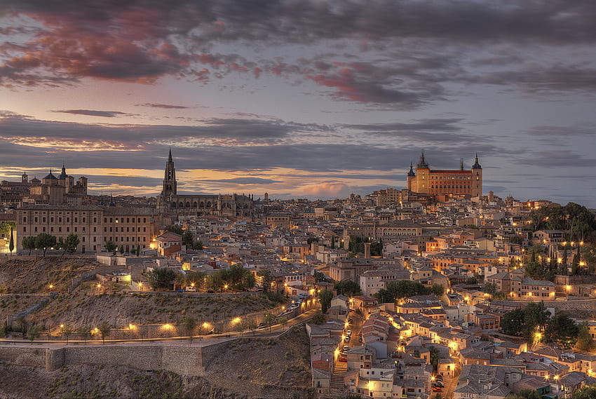 Cities, Twilight, Lights, Dusk, r, Spain, Toledo HD wallpaper