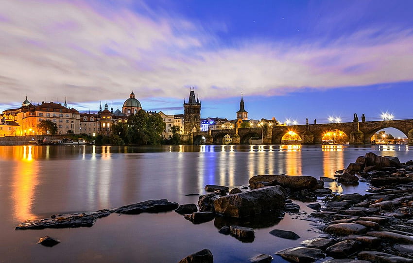 światła, rzeka, Praga, Czechy, Wełtawa, Karol, Most Karola Tapeta HD