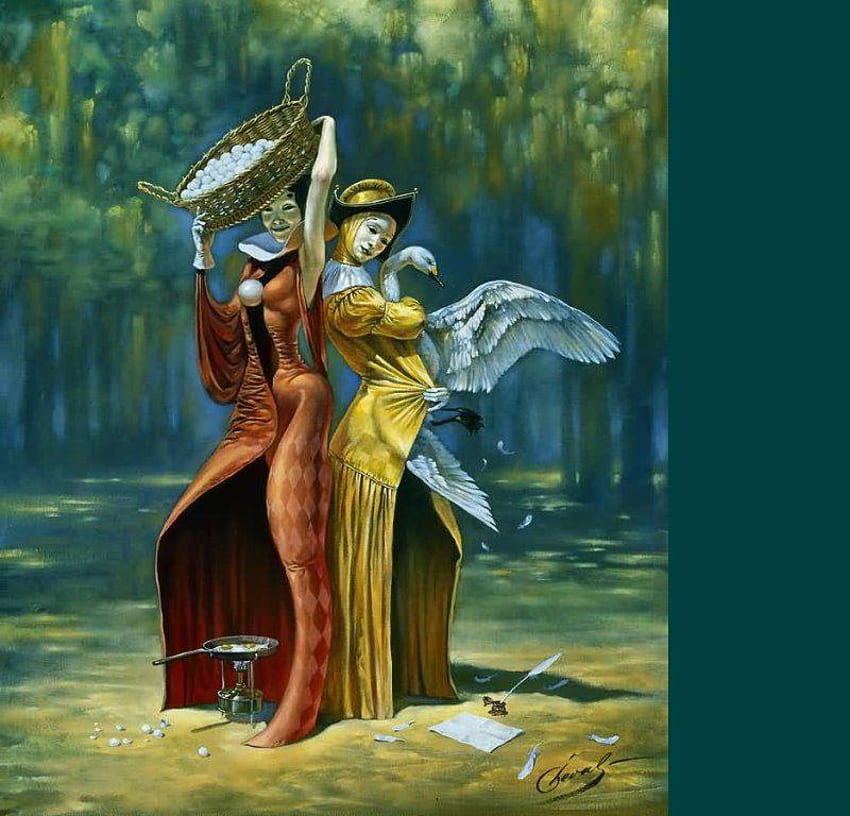 Michael Cheval - Division of Prime Cause, bird, art, surrealist, division of prime cause, pan, girl, eggs, food, woman, basket, harlequin, painting, michael cheval, yellow, red HD wallpaper