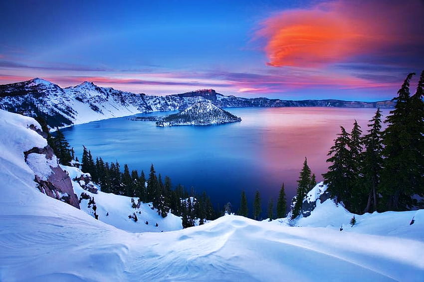 Kış uykusu, kış, mavi gökyüzü, kar, ağaçlar, kırmızı renkli bulut, göl HD duvar kağıdı