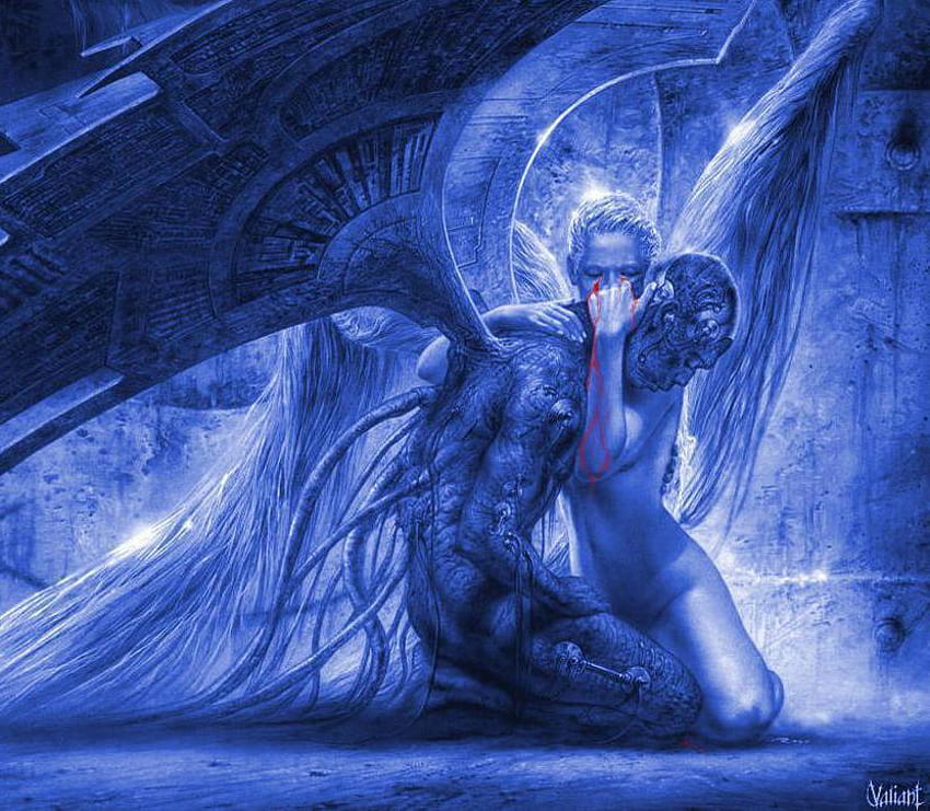 Fallen Angel in Blue, hold, comforting, luis royo, fallen, angel HD wallpaper